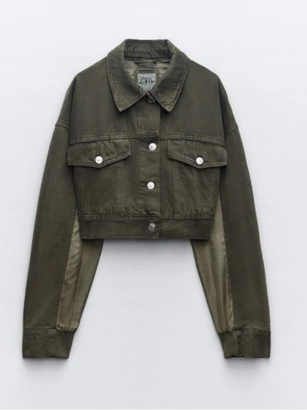 ZARA Olive Green Cropped Denim Bomber Jacket Size M NWT
